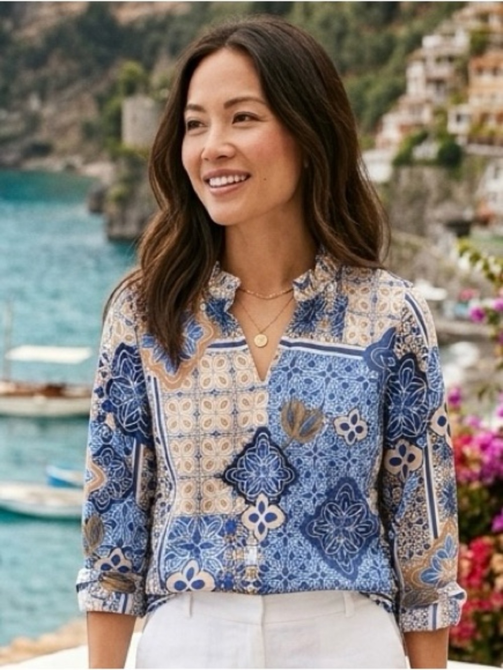 Talbots Petite P Blue Tile Mosaic Poplin Cotton Casablanca Blouse Long Sleeve